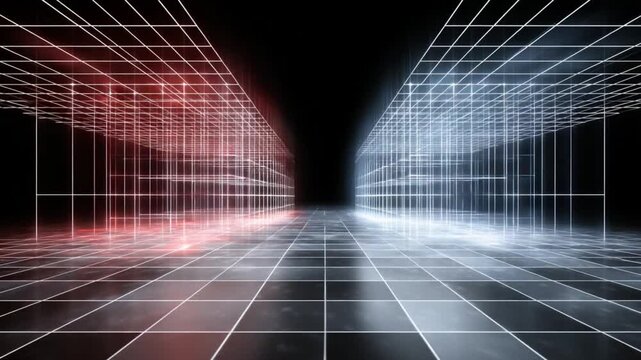 Virtual firewall wall built from glowing code grids, stopping hostile data flows, red and blue neon contrast, cyber defense metaphor, cinematic futuristic security scene