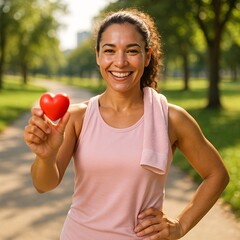 happy athletic woman holding red heart symbol while jogging outdoors in park