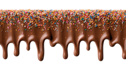 Chocolate glaze with colorful candy sprinkles dripping, creating a delicious dessert border with texture and sweet appeal, on a transparent background
