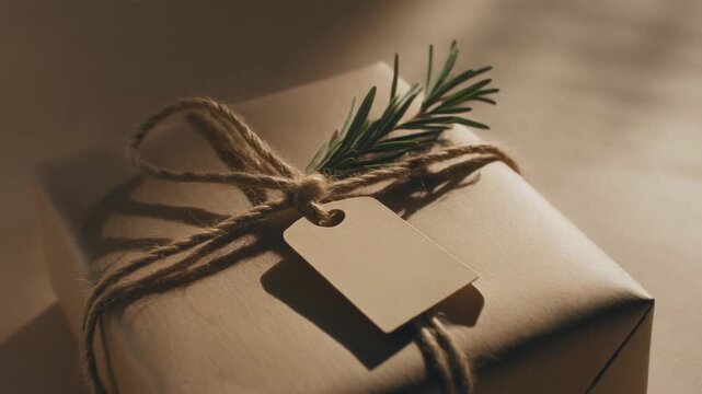 Gift box wrapped with twine and rosemary in soft light