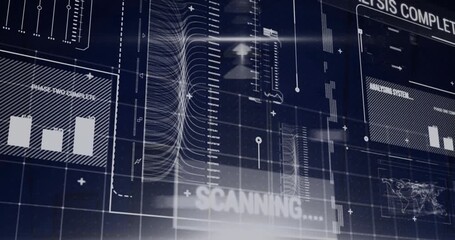 Animation of scanning text and charts processing data on black interface screen - Powered by Adobe