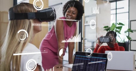 Animation of financial data processing over diverse businesspeople in office - Powered by Adobe