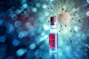 Vaccine vial with red liquid and viral particle displaying a cure concept