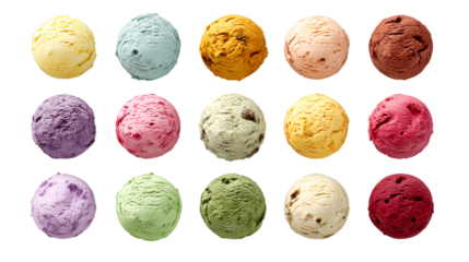 Fifteen colorful scoops of various ice cream flavors on a transparent background, offering a delicious assortment of frozen dessert for summer treats and sweet indulgence