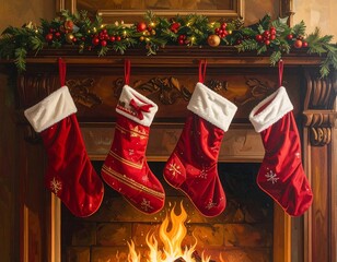 Festive fireplace scene, stockings hung above a warm fire