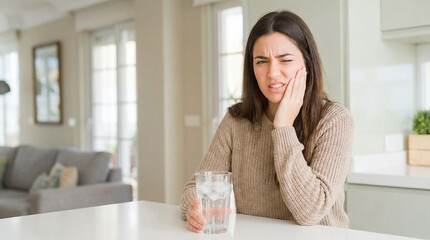 Young woman suffering from toothache and holding a glass of water at home
