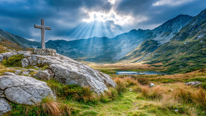 Majestic sunlight breaks through clouds over tranquil mountains with a wooden cross standing proudly on a rocky outcrop