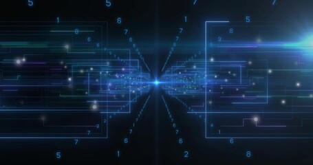 Animation of data processing over blue neon shapes - Powered by Adobe