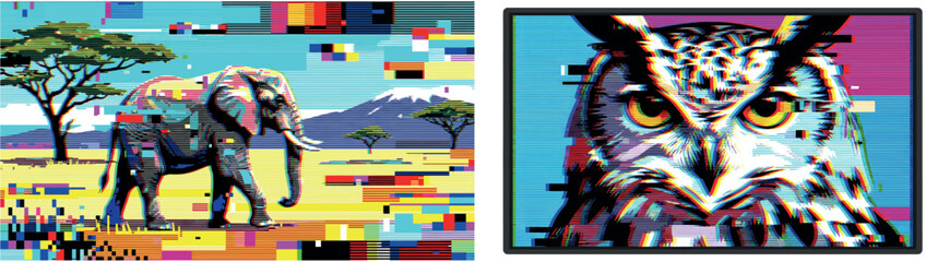 Glitch Art Elephant and Owl Retro Style Illustration