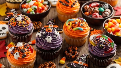 Delicious fresh cupcakes with pink frosting and chocolate icing are served on a white plate as a sweet baked dessert for a birthday celebration