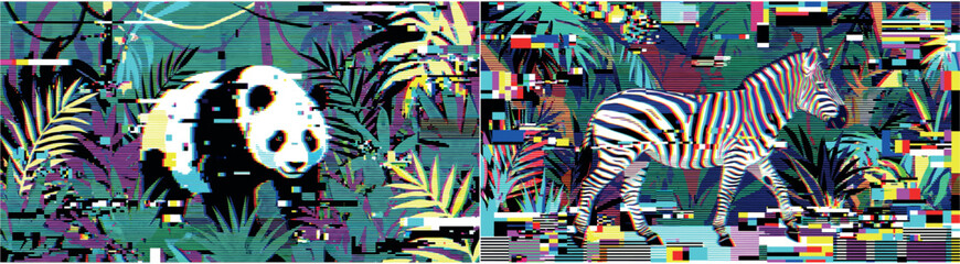 Glitch Art Panda and Zebra in Jungle Illustration