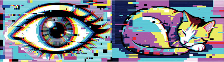 Pop Art Glitch Illustration of Human Eye and Sleeping Cat
