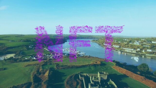 Pixelated glitch letters spelling LIFE being animated over river showing castle ruins and sailboats