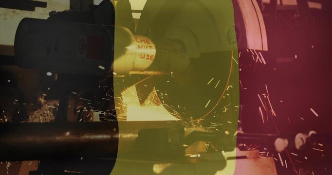 Producing sparks, grinding machine over Belgian flag colors in industrial animation