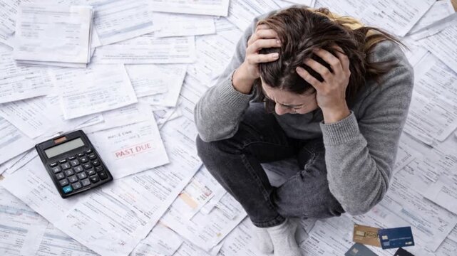 Sad woman feeling distressed frustrated at many loan bills on the floor.