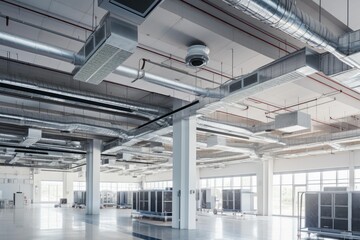 Naklejka premium Empty industrial space showcasing modern hvac ventilation and air conditioning systems