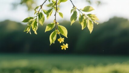 Obraz premium Close-up of a branch in morning light, with tender green leaves and small yellow flowers showing fresh spring natural texture.