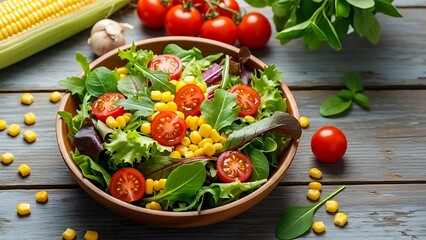 Fresh vegetarian salad with lettuce and red tomatoes served as a healthy gourmet meal appetizer on a rustic wooden board