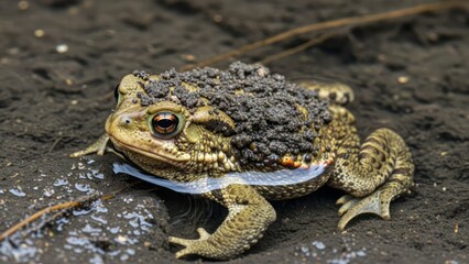 Obraz premium Close-up of a Unique Toad with Texture Amphibian Wildlife Nature. Concept featuring toad, amphibian, wildlife, nature, close-up.