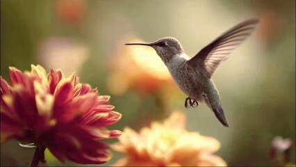 Obraz premium Hummingbird with Dahlia in Bloom