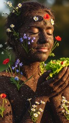 Woman with Floral Body Art and Lettuce Nature Flowers Beauty. Concept featuring woman, floral art, body art, nature, flowers.