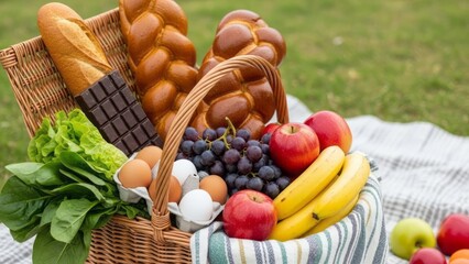 Fresh Picnic Basket with Fruits and Breads Vegetables Outdoor Food. Concept featuring picnic, basket, fruits, vegetables, bread.