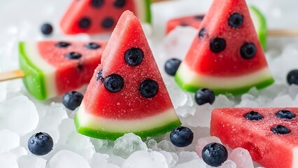 Delicious dessert featuring fresh strawberry and red watermelon slices served on a white plate with sweet berries and cream for a healthy fruit salad snack