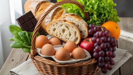 Fresh Produce and Bread Basket Eggs Fruits Vegetables. Concept featuring basket, bread, eggs, fruits, vegetables.