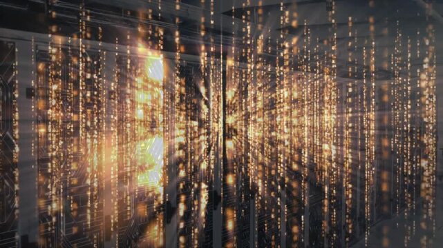 Golden data streams starting in server rack aisle forming pulsating glow showing data flow