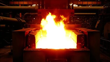 Industrial furnace with intense flames and glowing molten metal, symbolizing high-temperature steel production and metalworking processes. - Powered by Adobe