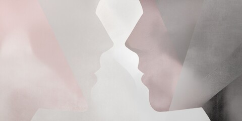 Two minimalist human silhouettes face each other,  pale pink and soft gray palette, negative space. Calm background, artistic composition, subtle texture. psychology and relationship concept