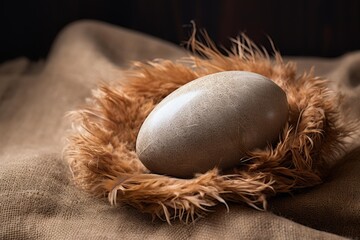 Egg sitting on a feather ring against a rustic burlap background, symbolizing new life