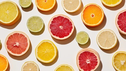Flat lay of sliced citrus fruits arranged in seamless pattern. Orange, lemon, lime geometric design, fresh fruit texture, vibrant background, healthy food pattern.