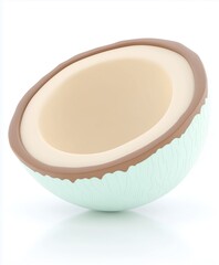 Half coconut  in clay style isolated on white background. Tropical fruit, natural food, minimalist design, exotic ingredient, creative representation.