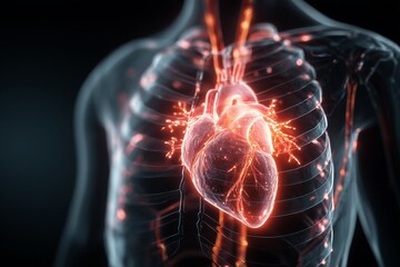 Glowing anatomical heart inside transparent human chest cavity. Medical science, biology, health concept, illumination, futuristic anatomy, educational visualization.