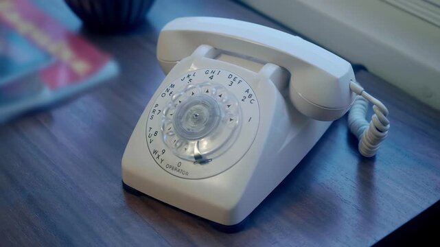 Old, 60-80s American white rotary corded telephone, with the ability to call the operator. Closeup. Shot in motion