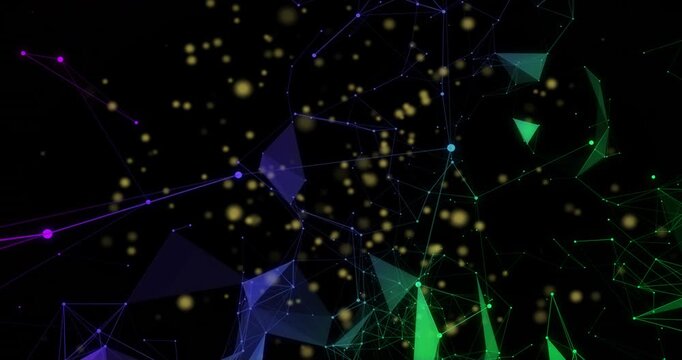 Glowing golden particles initiating polygonal mesh emerging morphing dissolving network formation