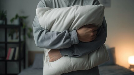 Man hugging plush white pillow under soft light, seeking comfort. Relaxation, stress relief, emotional support, sleep aid, cozy moment, mental wellness.