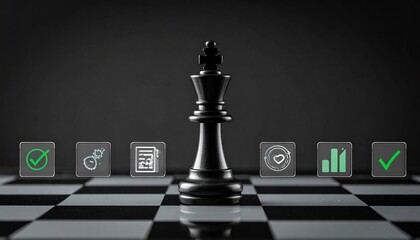 Black king chess piece on reflective board with six floating panels showing business icons and green checkmarks.