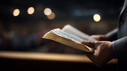 Scene of pastor's hands gently spreading pages of Bible. Religious service, scripture reading, church, faith, devotion, spiritual guidance, worship moment.