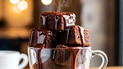A delicious gourmet cup of hot chocolate with marshmallows and dark coffee served with sweet milk chocolate pralines and tasty pastry snacks on a festive Christmas plate