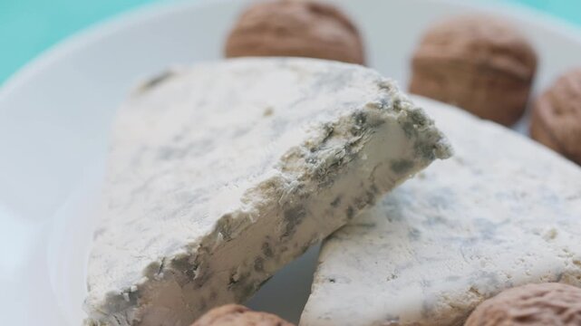 Close-Up of Walnuts with French Roquefort Cheese