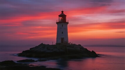 A lighthouse on a small island at sunset, with pink-orange clouds creating a quiet and distant coastal atmosphere.