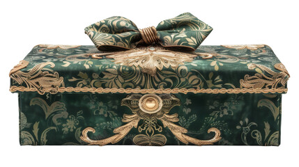 Green gift box adorned with a luxurious golden bow isolated on a white background