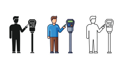 Man paying at a parking meter shown in solid silhouette, color, and outline styles