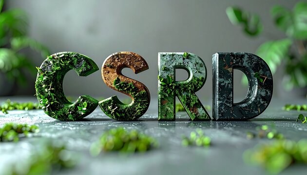 Corporate Sustainability Reporting Directive CSRD letters with natural plant and stone elements for ESG