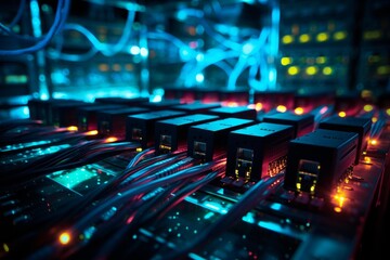Network cables connecting into server ports within a data center environment, showing active data flow