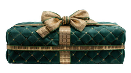 Green gift box adorned with a luxurious golden bow isolated on a white background