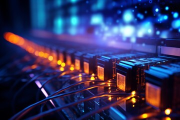 Server racks with glowing lights indicating data processing and network activity
