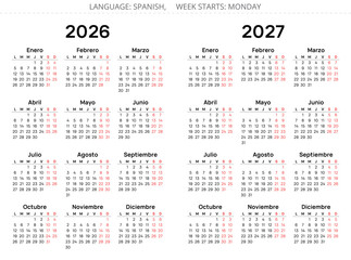 2026 and 2027 years spanish calendars. Vector illustration for Spain